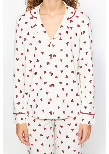Kadın Moda Gömlek Yaka Boru Paça Uzun Kol Pamuk Kalp Desenli Gömlek-Pantolon Örme Pijama Takımı