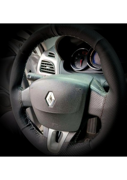 Dikişli Direksiyon Kılıfı Karbon / Noktalı Deri Gri Yüzük Gri Dikiş Renault Fluence Için