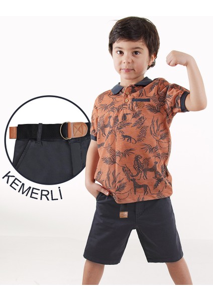 Erkek Çocuk 3'li Takım Polo Yaka T-Shirt Şort Kemer Takım