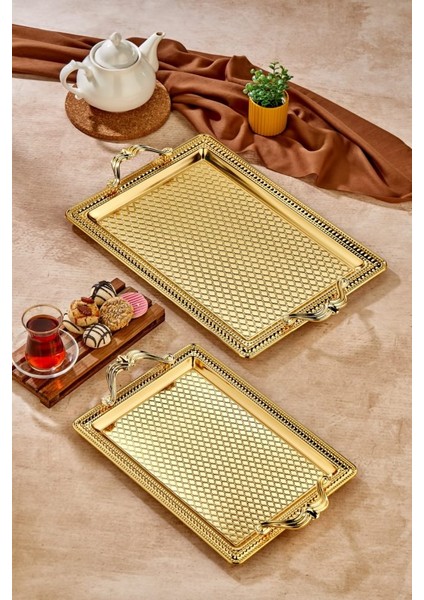 Metal 2'li Dikdörtgen Tepsi Gold CKR3540 fiyatları