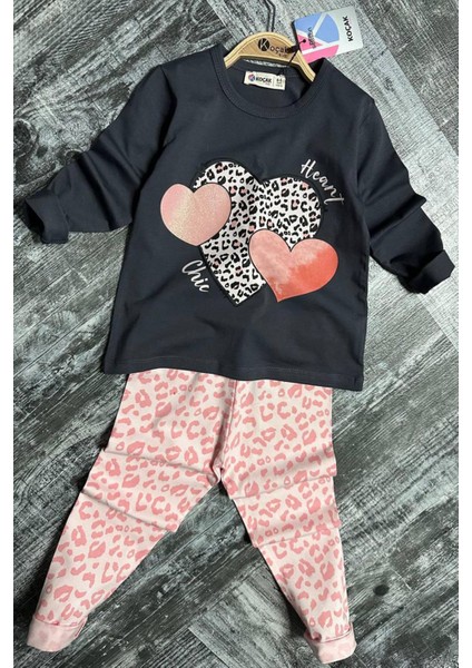 Leopar Kalp Baskılı Kız Çocuk takım - Pembe