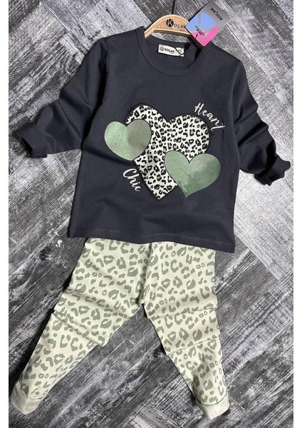 Leopar Kalp Baskılı Kız Çocuk takım - Yeşil