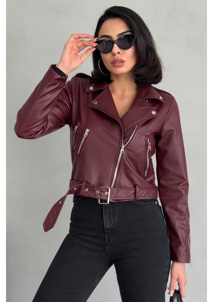 Kemerli Oversize Crop Deri Ceket