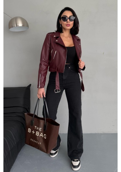 Kemerli Oversize Crop Deri Ceket
