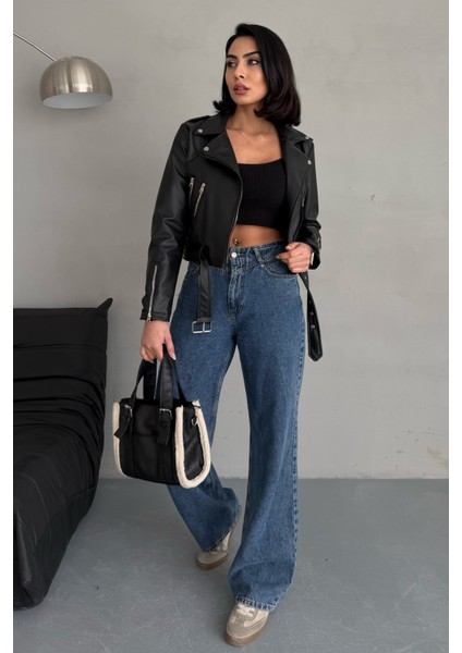 Kemerli Oversize Crop Deri Ceket