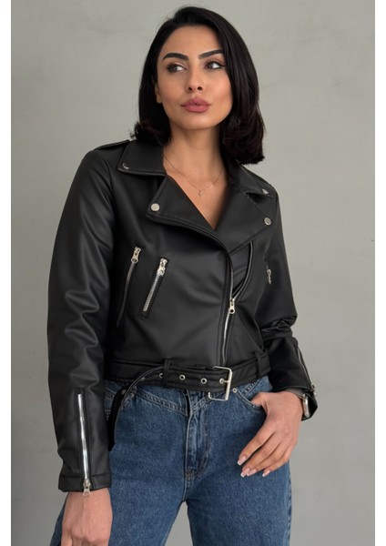 Kemerli Oversize Crop Deri Ceket