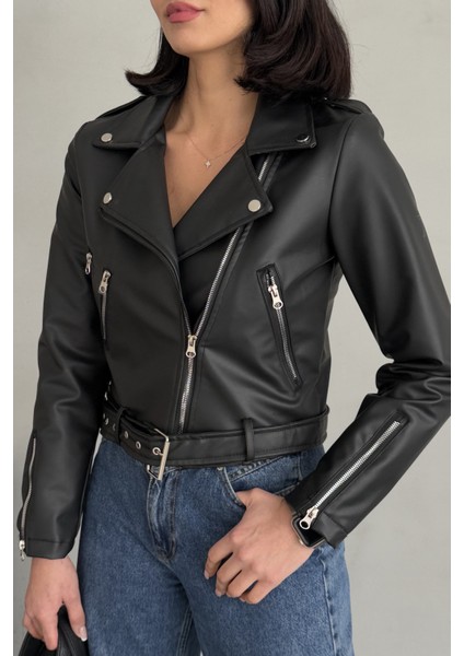 Kemerli Oversize Crop Deri Ceket
