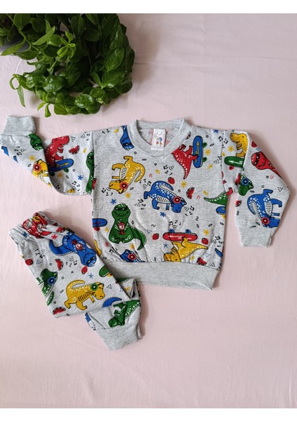 Minilkabebe Dinazor Desen Erkek Çocuk Pijama Takımı Içi Polarlı