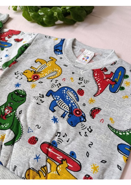 Minilkabebe Dinazor Desen Erkek Çocuk Pijama Takımı Içi Polarlı