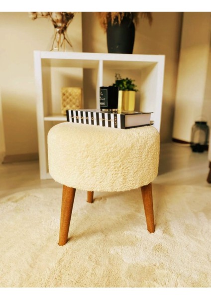 Coco Puf, Peluş,3 Ayak, Krem,oturma Odası, Makyaj Masası Pufu