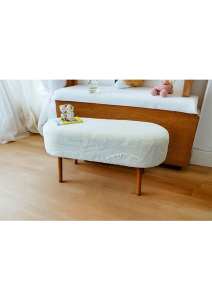 Retro Ceviz Renk Ahşap Ayaklı Geniş Oturum Alanlı Oval Bench Puf Krem