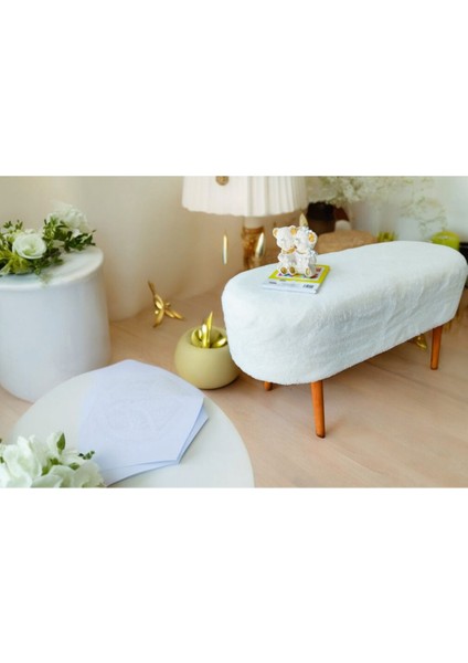 Retro Ceviz Renk Ahşap Ayaklı Geniş Oturum Alanlı Oval Bench Puf Krem