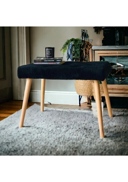Gürgen Retro Ahşap Ayaklı Handmade Siyah Pofidik Puf Bench Koltuk Sandalye
