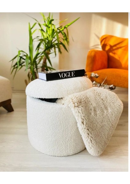 Handmade x Large Beyaz Tedy Kumaş Sandıklı Silindir Dekoratif Pufidik Puf Bench