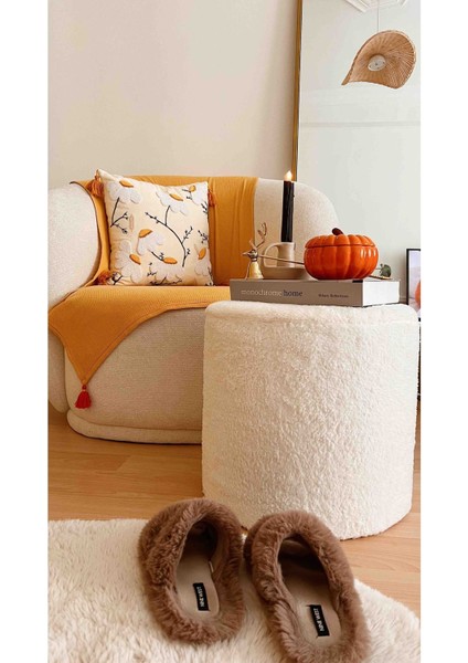 Handmade Kırık Beyaz Welsoft Kumaş Silindir Dekoratif Pufidik Puf Bench