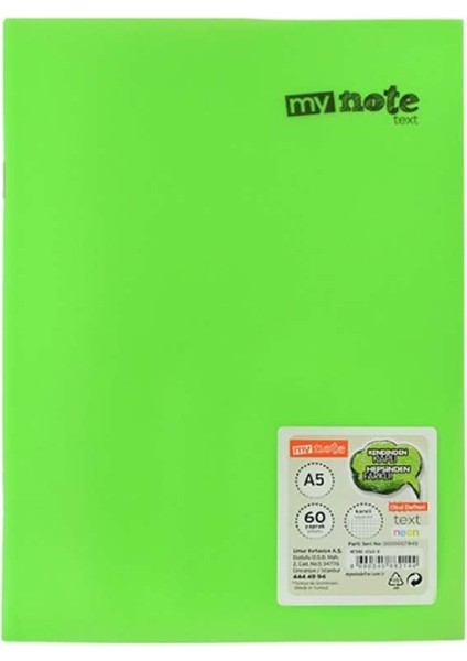 Mynote Text Neo Plastik Kapak Defter A5 60YP Kareli