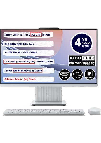 Ideacentre Aıo 24IRH9 Intel Core I3-1315U 8gb 512GB SSD Freedos 23.8'' Fhd All In One Bilgisayar