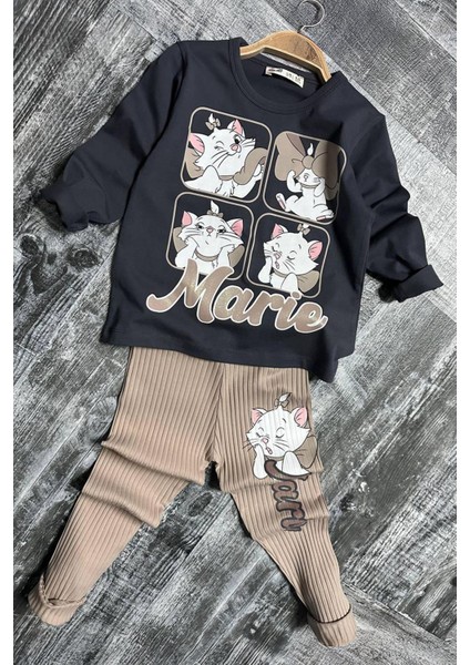 Marie Baskılı Fitilli Kız Çocuk taytlı takım - Bej