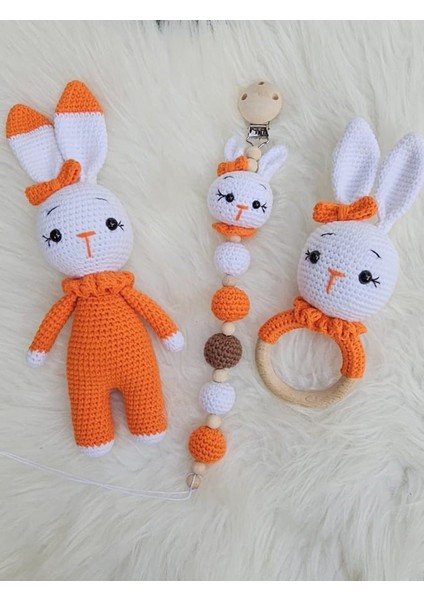 Amigurumi Uyku Arkadaşı Yenidoğan Tavşan, Çıngırak Ve emzik Zinciri