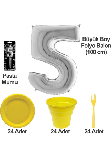 5 Yaş Pasta Mumu - 5 Yaş Folyo Balon - Tabak Bardak Çatal - Sarı