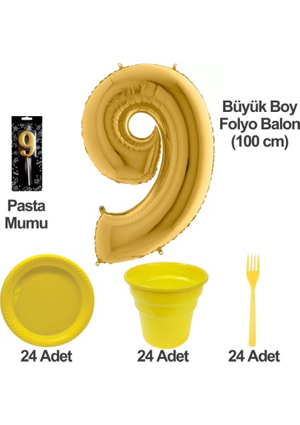 9 Yaş Pasta Mumu - 9 Yaş Folyo Balon - Tabak Bardak Çatal - Sarı