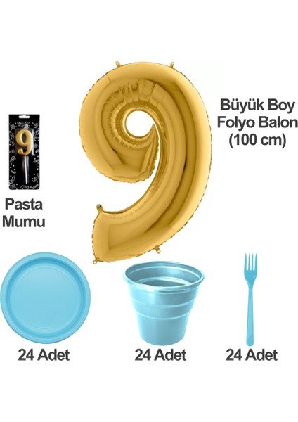 9 Yaş Pasta Mumu - 9 Yaş Folyo Balon - Tabak Bardak Çatal - Mavi