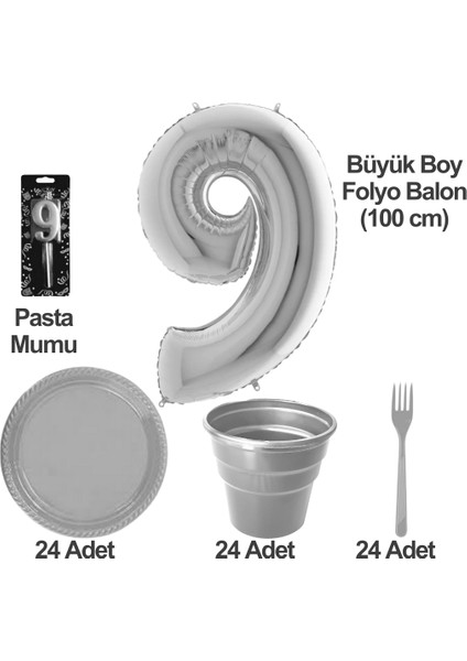 9 Yaş Pasta Mumu - 9 Yaş Folyo Balon - Tabak Bardak Çatal - Gri