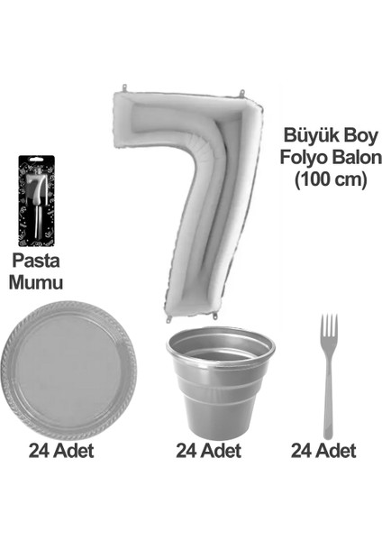 7 Yaş Pasta Mumu - 7 Yaş Folyo Balon - Tabak Bardak Çatal - Gri