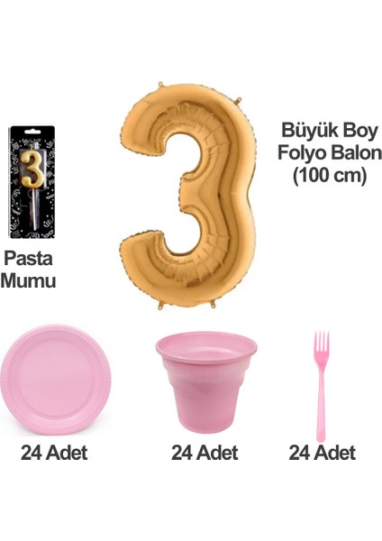 3 Yaş Pasta Mumu - 3 Yaş Folyo Balon - Tabak Bardak Çatal - Pembe