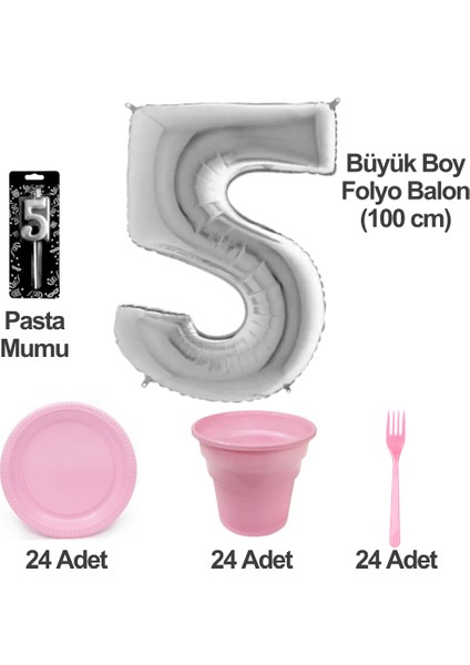 5 Yaş Pasta Mumu - 5 Yaş Folyo Balon - Tabak Bardak Çatal - Pembe