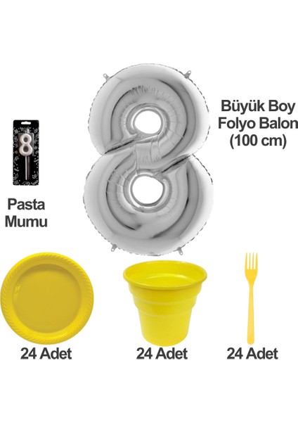 8 Yaş Pasta Mumu - 8 Yaş Folyo Balon - Tabak Bardak Çatal - Sarı