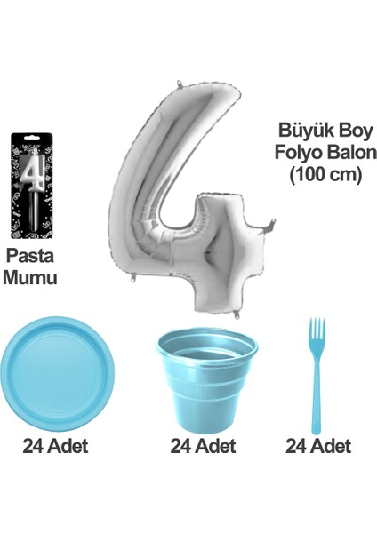 4 Yaş Pasta Mumu - 4 Yaş Folyo Balon - Tabak Bardak Çatal - Mavi