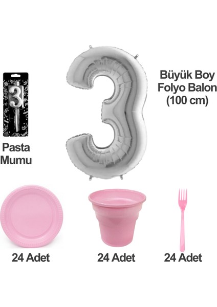 3 Yaş Pasta Mumu - 3 Yaş Folyo Balon - Tabak Bardak Çatal - Pembe
