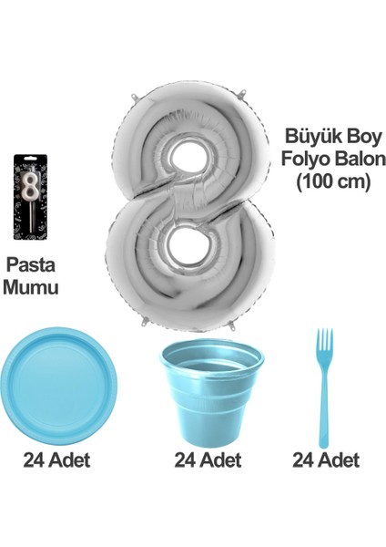 8 Yaş Pasta Mumu - 8 Yaş Folyo Balon - Tabak Bardak Çatal - Mavi