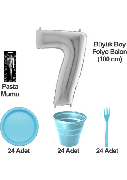 7 Yaş Pasta Mumu - 7 Yaş Folyo Balon - Tabak Bardak Çatal - Mavi