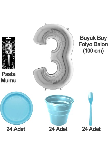 3 Yaş Pasta Mumu - 3 Yaş Folyo Balon - Tabak Bardak Çatal - Mavi