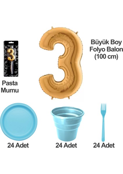 3 Yaş Pasta Mumu - 3 Yaş Folyo Balon - Tabak Bardak Çatal - Mavi