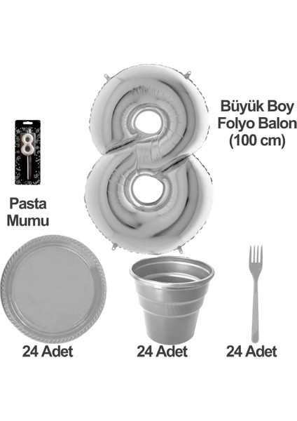 8 Yaş Pasta Mumu - 8 Yaş Folyo Balon - Tabak Bardak Çatal - Gri