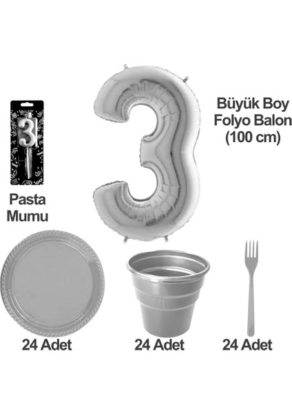 3 Yaş Pasta Mumu - 3 Yaş Folyo Balon - Tabak Bardak Çatal - Gri
