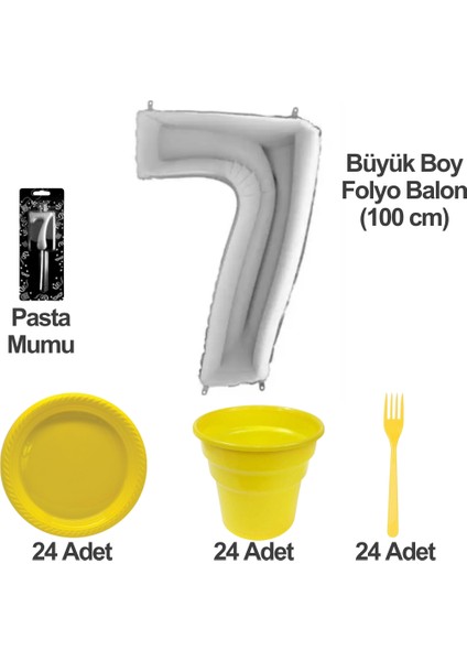 7 Yaş Pasta Mumu - 7 Yaş Folyo Balon - Tabak Bardak Çatal - Sarı