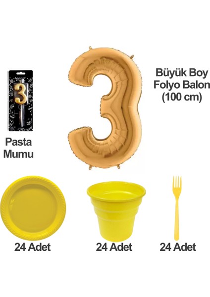 3 Yaş Pasta Mumu - 3 Yaş Folyo Balon - Tabak Bardak Çatal - Sarı