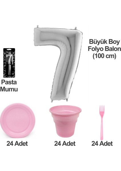 7 Yaş Pasta Mumu - 7 Yaş Folyo Balon - Tabak Bardak Çatal - Pembe