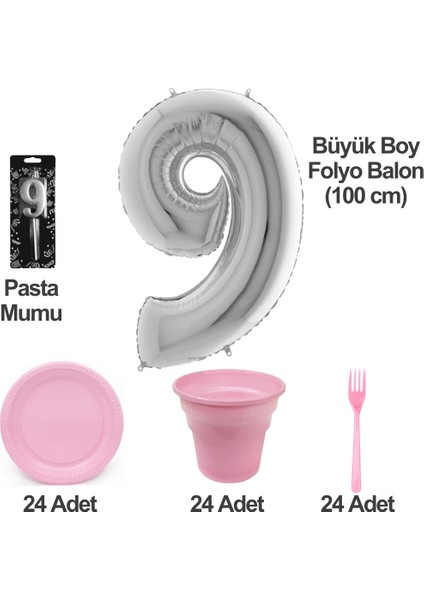 9 Yaş Pasta Mumu - 9 Yaş Folyo Balon - Tabak Bardak Çatal - Pembe