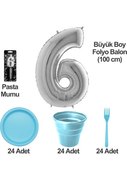 6 Yaş Pasta Mumu - 6 Yaş Folyo Balon - Tabak Bardak Çatal - Mavi