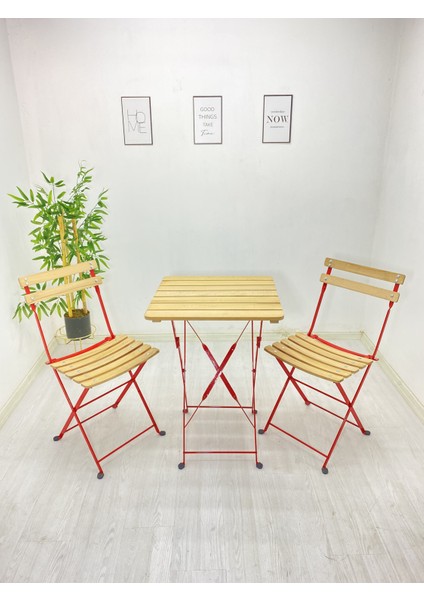 Katlanır Masa ve Sandalye Kırmızı Metal Natural Ahşap Dolu Demirden(Bahçe-Otel-Cafe-Otel)
