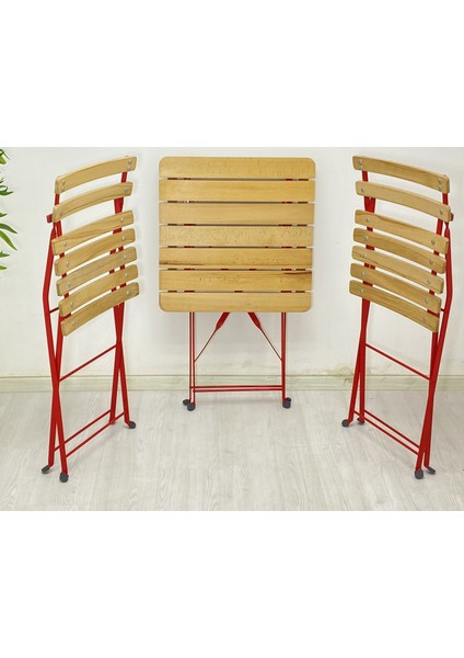 Katlanır Masa ve Sandalye Kırmızı Metal Natural Ahşap Dolu Demirden(Bahçe-Otel-Cafe-Otel) fiyatları