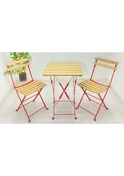 Katlanır Masa ve Sandalye Kırmızı Metal Natural Ahşap Dolu Demirden(Bahçe-Otel-Cafe-Otel) indirimleri