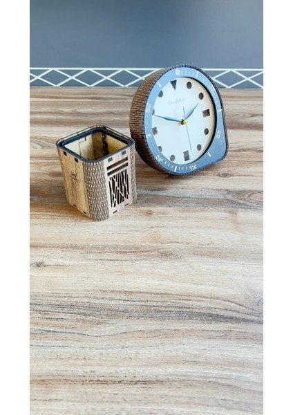 Ahşap Masa Saati ve Kalemlik, 15X15CM, Sessiz Akar Mekanizmalı, Yeni Ofis Hediyesi, Ev Hediyesi modelleri