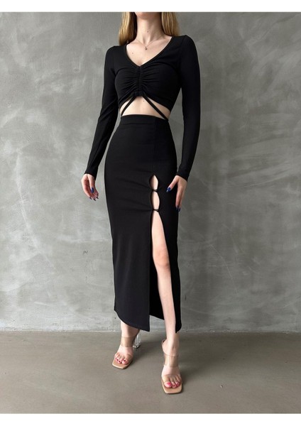 Örme Crep Yırtmaçlı Etek-Bluz Takım