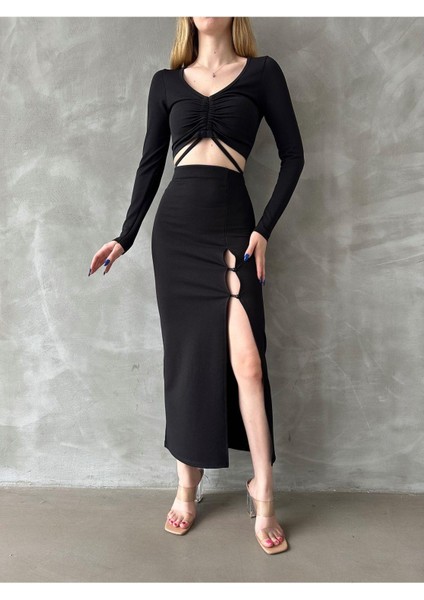 Örme Crep Yırtmaçlı Etek-Bluz Takım modelleri